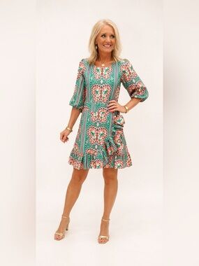 Emily McCarthy Green Butterfly & Geometric Faux Wrap Dress Med NWT